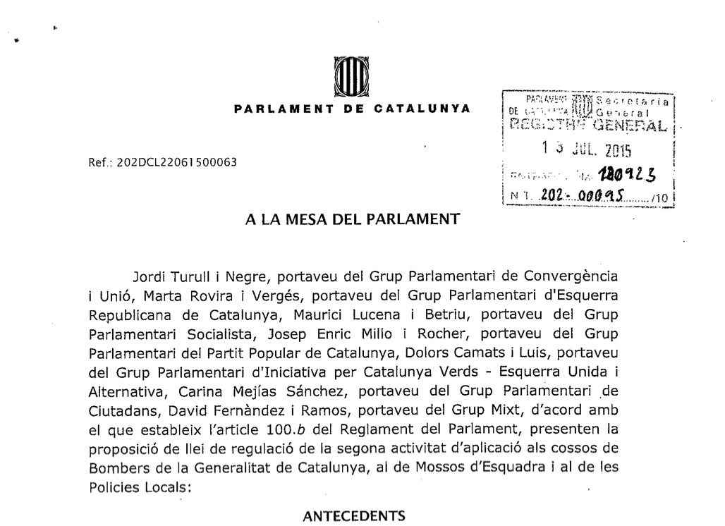 Presentació a la mesa del Parlament de la proposició de llei de regulació de la segona activitat