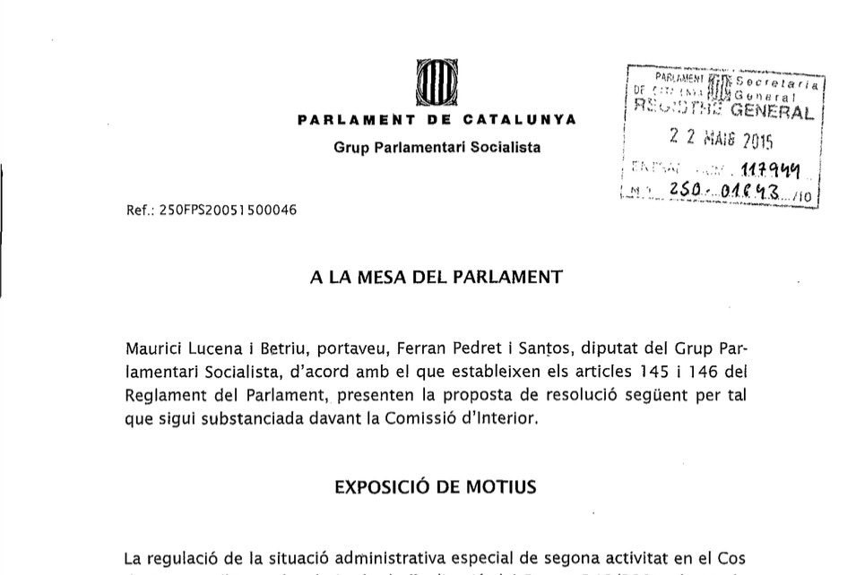 Proposta de resolució sobre el tracte als membres del Cos de Mossos d’Esquadra amb discapacitat derivat de la regulació de la situació administrativa de segona activitat